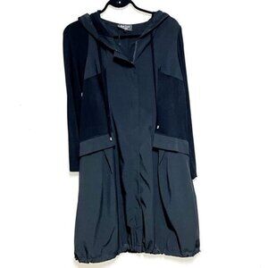 Red Coral Long Black Hooded Lightweight Zip Front Trench Coat Womens Sz S 12 14